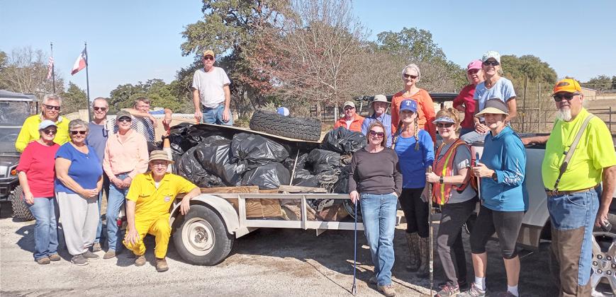 Community volunteers, many from the Bridlegate community, recently cleaned up about 110 bags of trash from county rides. The group presented their concern regarding extensive littering and lack of cleanup to the Bandera County Commissioners Court, who res