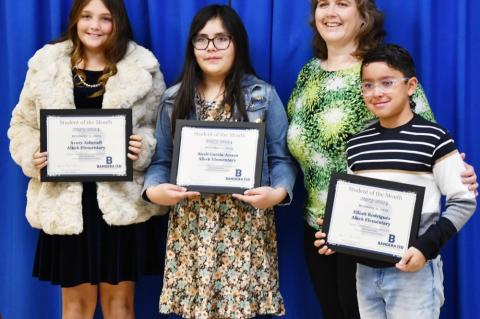 BISD Students of the Month (left to right) Avery Ashcraft, Anali Garcia-Anaya and Elliot Rodriguez with Alkek Principal Dixie Moseley. BULLETIN PHOTO/ Tracy Thayer
