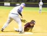 Bulldog First Baseman Pat Cizek tags a Poteet Aggie out at first during their 10-0 shutout at home last month. BULLETIN PHOTO/Tracy Thayer
